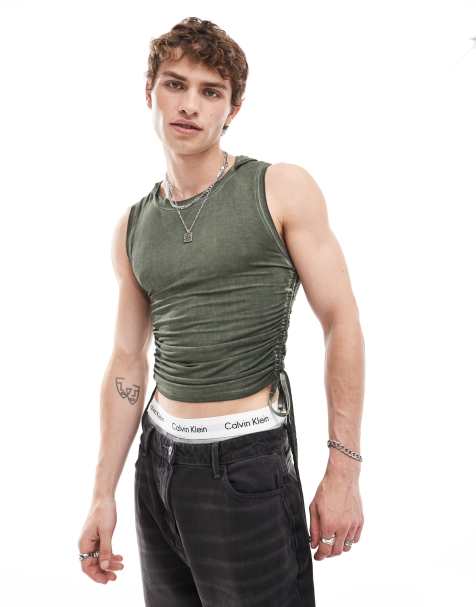 COLLUSION Hooded muscle vest top with tie detail in khaki - view 1