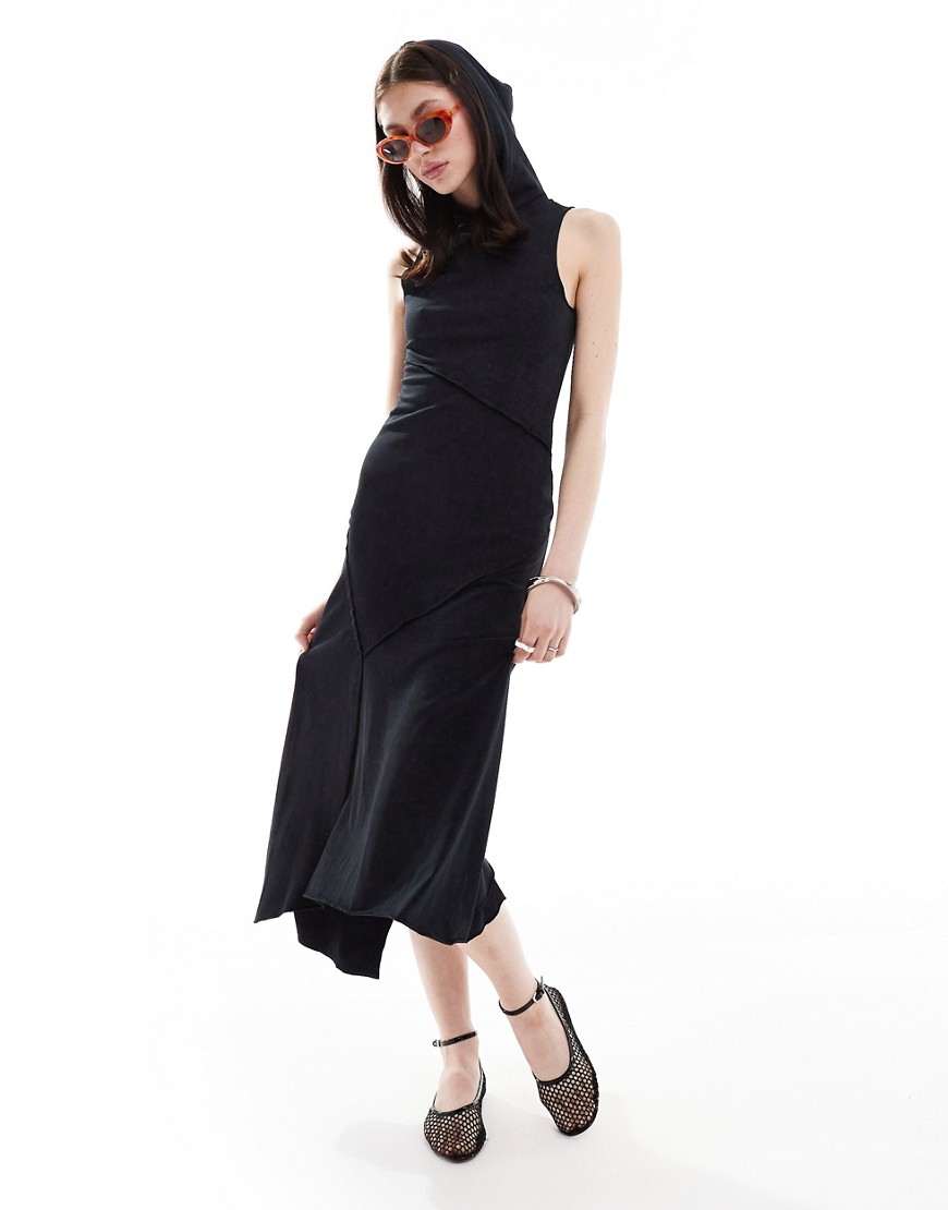 hooded spliced dress in washed black