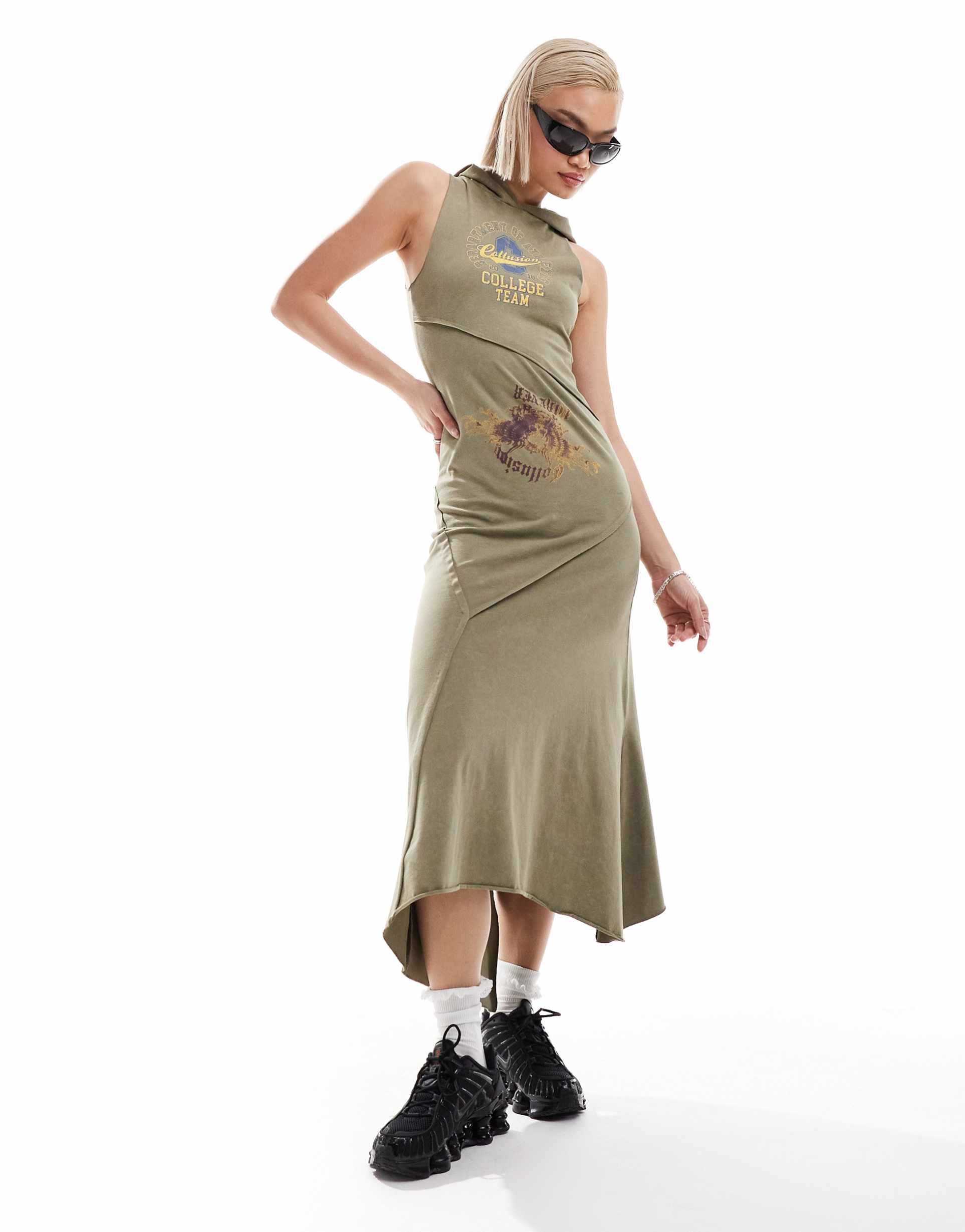 collusion hooded spliced maxi dress in khaki