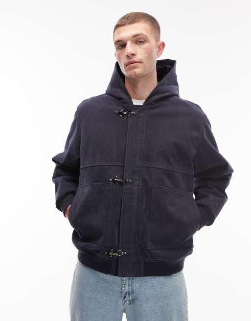 COLLUSION hooded suede-look bomber jacket in navy