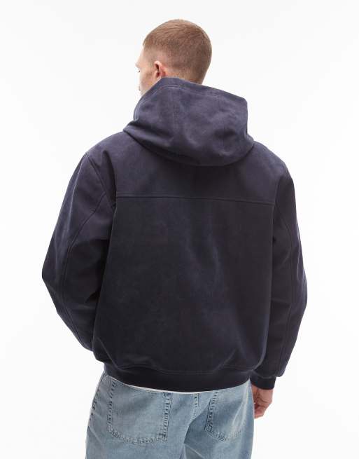COLLUSION hooded suede-look bomber jacket in navy
