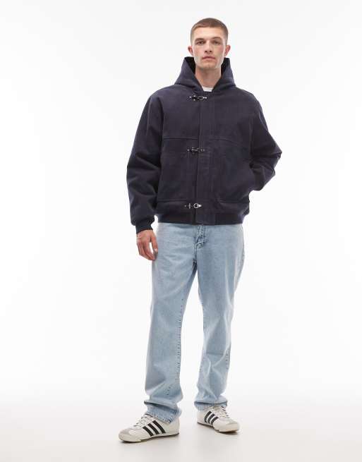 COLLUSION hooded suede-look bomber jacket in navy