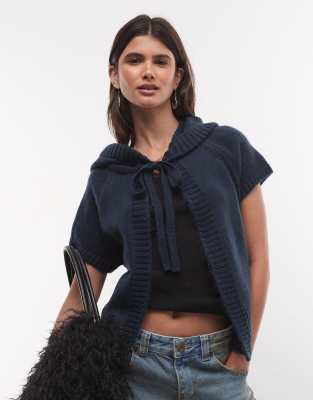 Collusion Hooded Tie Front Cardigan In Navy
