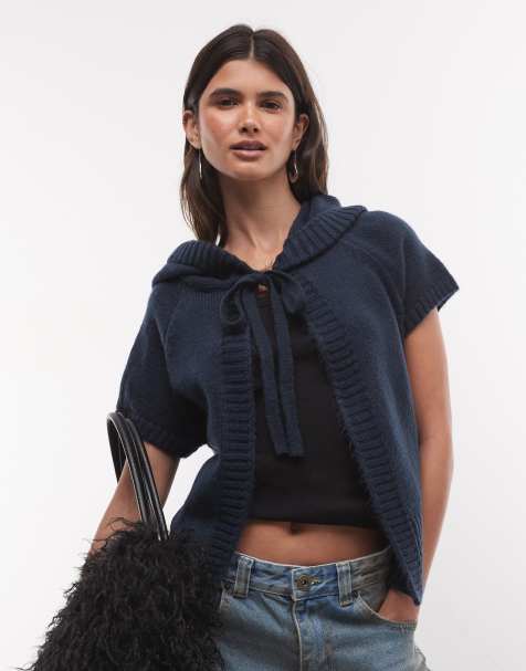 COLLUSION hooded tie front cardigan in navy - view 1