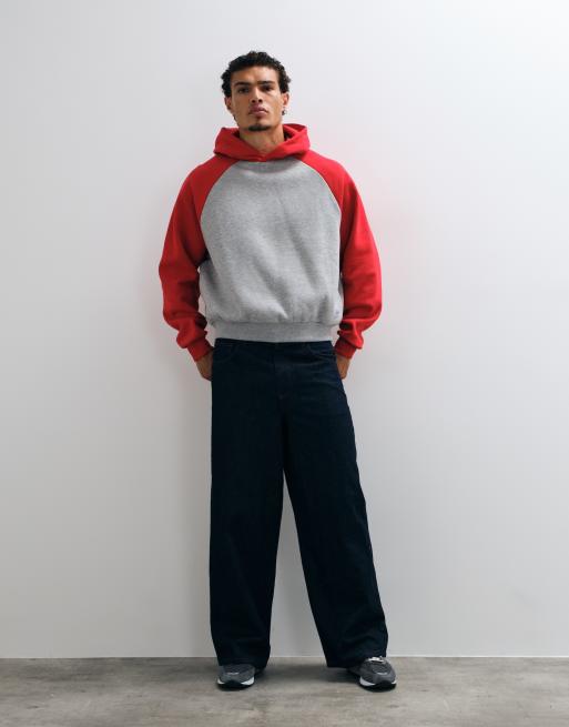 COLLUSION hoodie coupe carrée à manches raglan gris chiné et rouge, 3 de 5