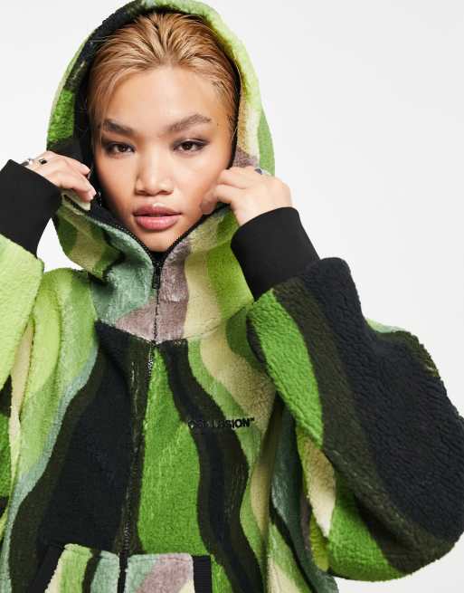 COLLUSION - Hoodie van borg met abstracte print in groen