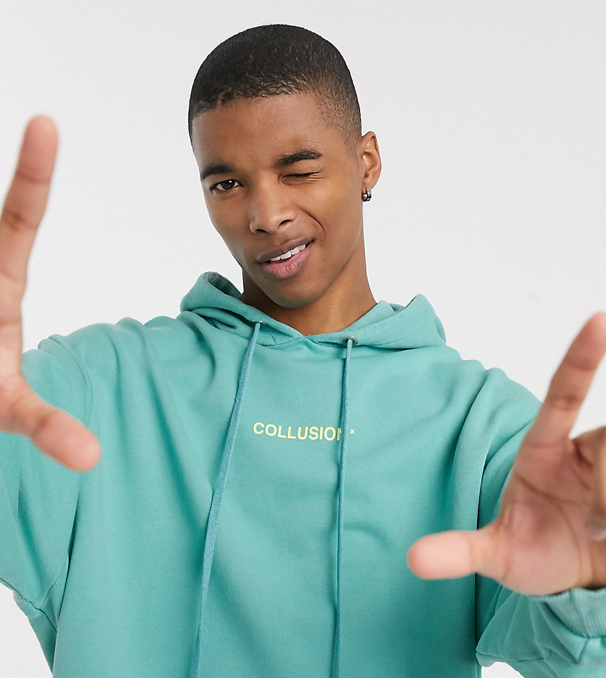 COLLUSION hoodie with extra long drawcords in washed teal-Blue