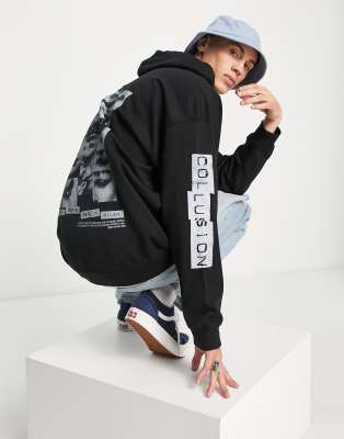 COLLUSION hoodie with poster style print in black