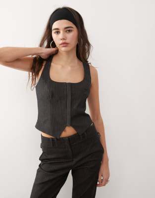 hook and eye pinstripe halter top in black-Gray