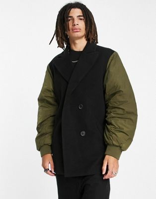 COLLUSION hybrid pea coat with bomber details in black and khaki