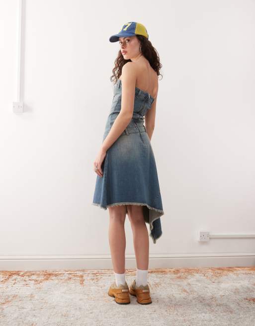 iconic denim dress Metal Strap Details Fitted Denim Dress  bebe
