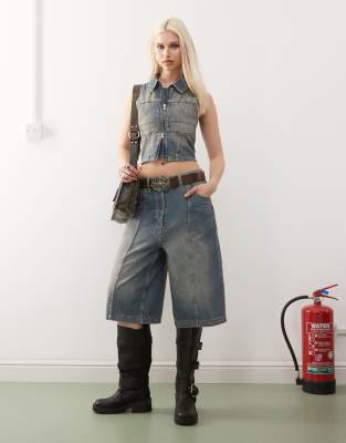 Collusion COLLUSION iconic denim jorts co-ord in vintage wash-Blue