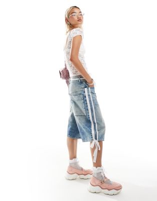 Collusion iconic denim skater jorts with bow side stripewash Sale