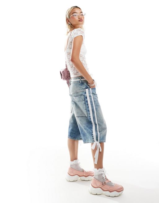 COLLUSION iconic denim skater jorts with bow side stripe in lightwash