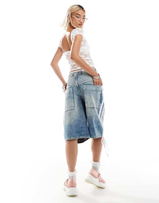 COLLUSION iconic denim skater jorts with bow side stripe in