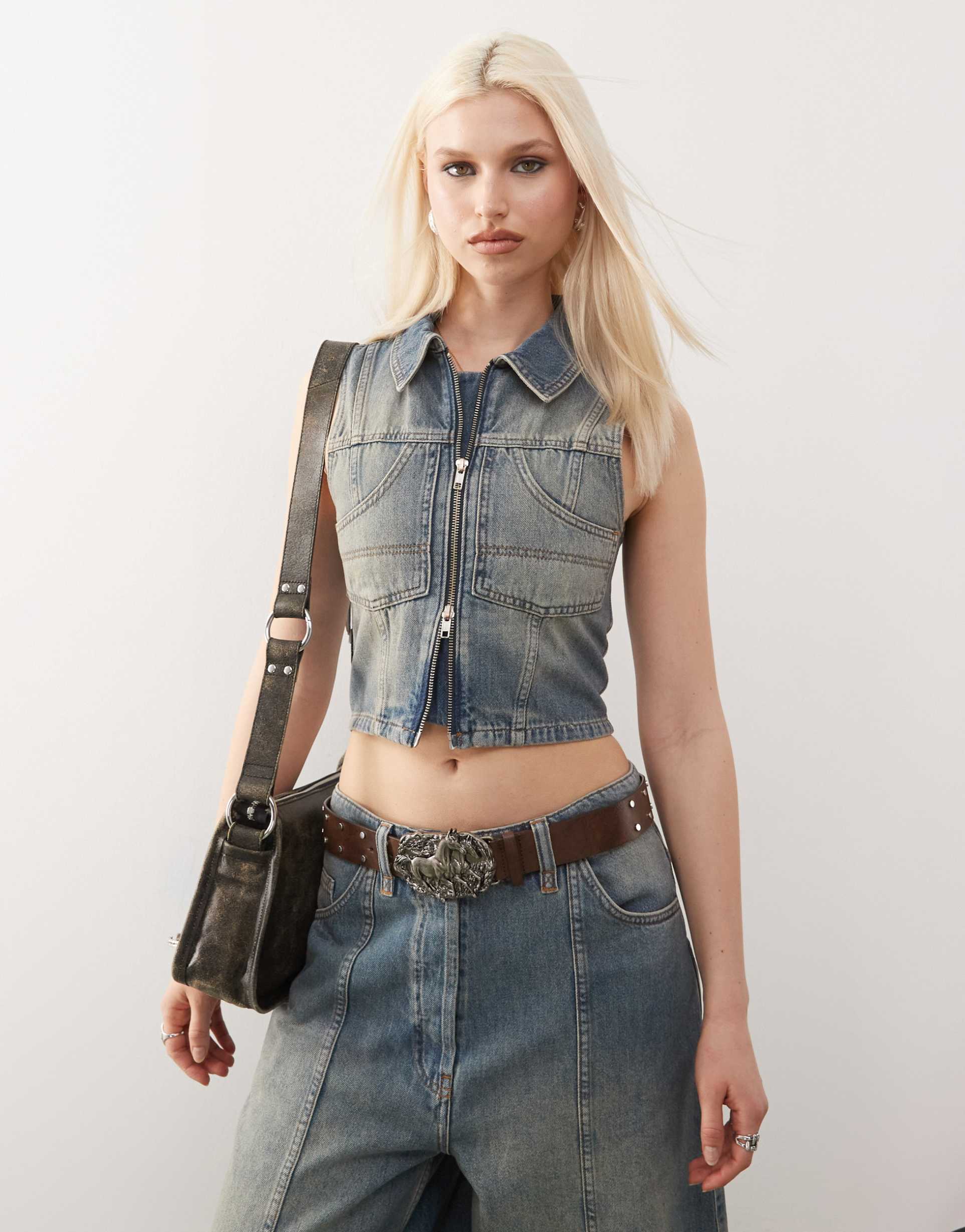 collusion iconic denim vest in vintage wash - part of a set