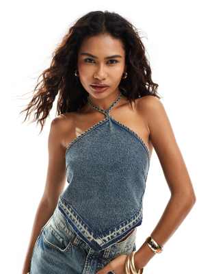 iconic handkerchief hem denim festival top in midwash blue - part of a set