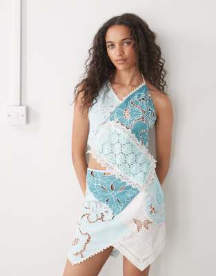 Collusion Iconic Mixed Crochet Halter Top In Blue