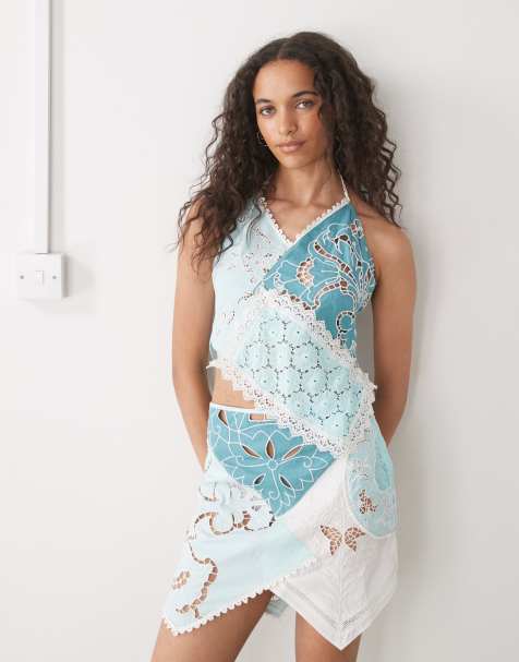 COLLUSION iconic mixed crochet halter top in blue - view 1