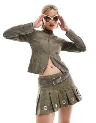 Collusion Iconic Pleated Mini Skirt With Eyelets In Oil Wash - Part Of A Set-brown