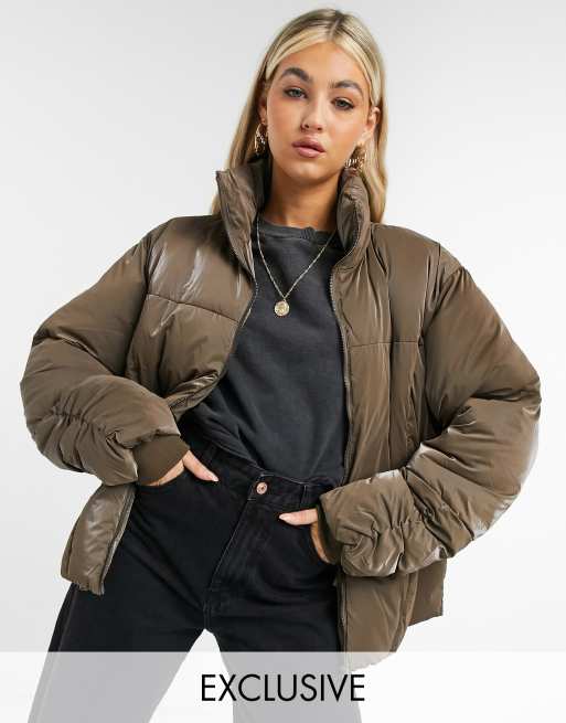 iridescent puffer with ruched seam detail in brown