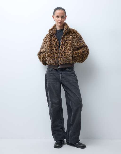 COLLUSION jakke med ståkrave og gennemgående lynlås i imiteret pels med leopardprint, 4 af 5
