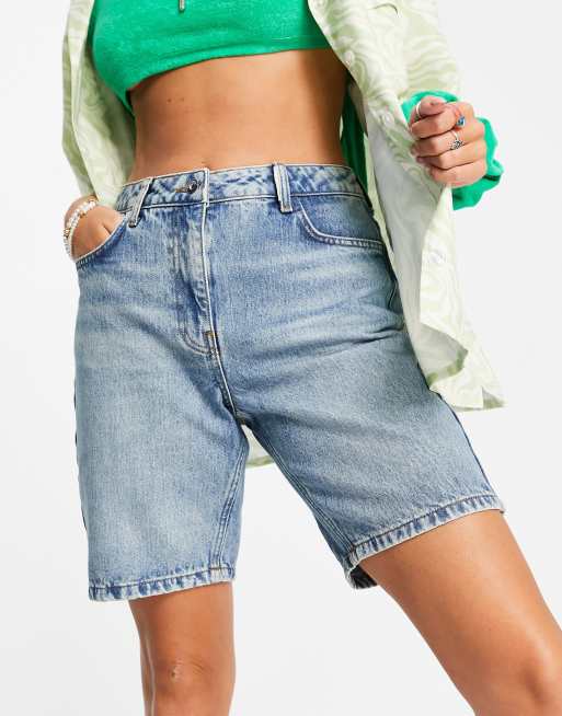 COLLUSION - Jaren 90 smalle dad short in blauw met bleekwassing, 3 van 4