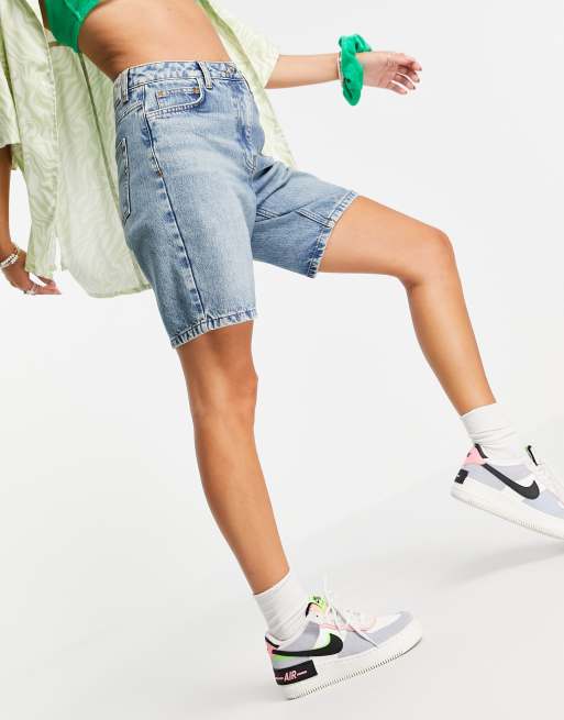 COLLUSION - Jaren 90 smalle dad short in blauw met bleekwassing, 4 van 4