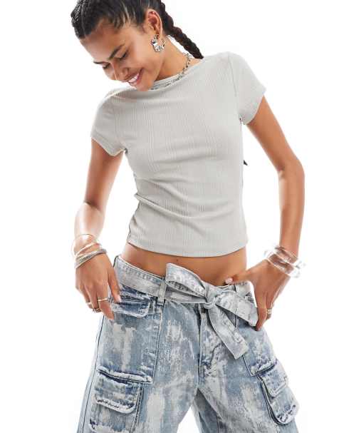 COLLUSION ribbed cap sleeve top in soft grey