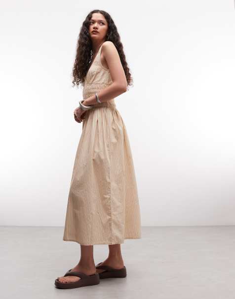 COLLUSION – Jasnożółta, marszczona sukienka maxi z dekoltem karo, w paski - view 1