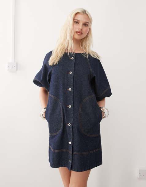 COLLUSION – Jeans-Hemdblusenkleid in Rinse-Waschung mit Puffärmeln - view 1