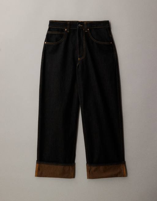 COLLUSION – Jeans in Dunkelblau mit Umschlagsaum in kontrastierendem Orange und mittelhohem Bund, 5 von 7