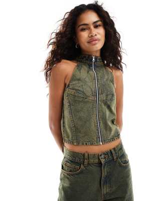 COLLUSION - Jeans-Oberteil im Motocross-Design mit Blumenmuster, Kombiteil-Braun