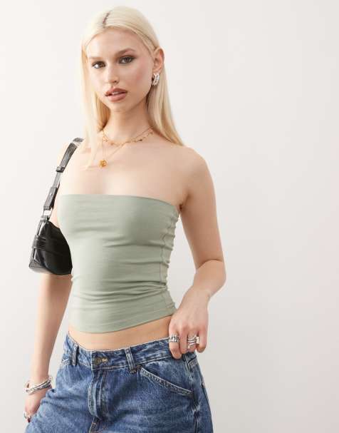 COLLUSION jersey double lined bandeau top in khaki - view 1