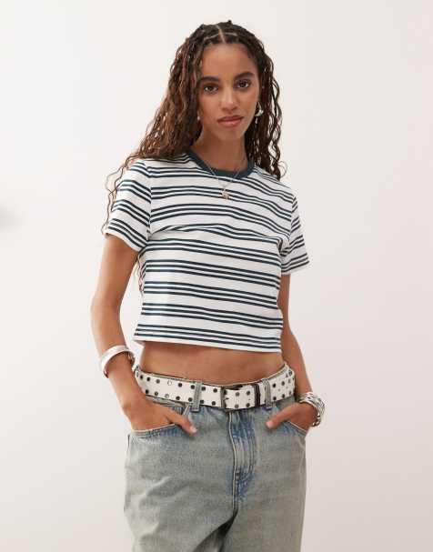 COLLUSION jersey striped shrunken tee in stone - view 1
