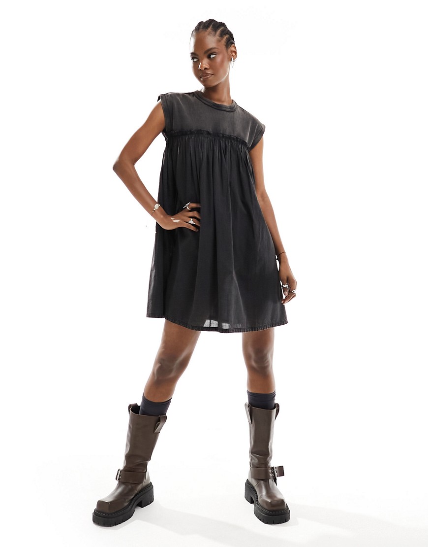 COLLUSION jersey woven mix smock dress in washed black