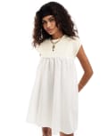 [Collusion] COLLUSION jersey woven mix smock dress in white L WHITE