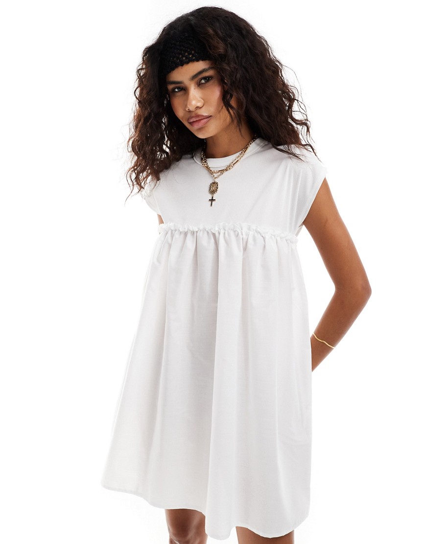 jersey woven mix smocked dress in white