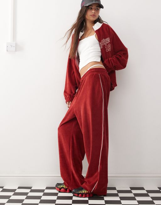 COLLUSION - Joggers dritti taglio comodo in velluto rosso in coordinato, 3 di 4