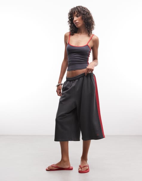COLLUSION - Jort long baggy d'ensemble de sport à rayures - Noir et rouge - view 1