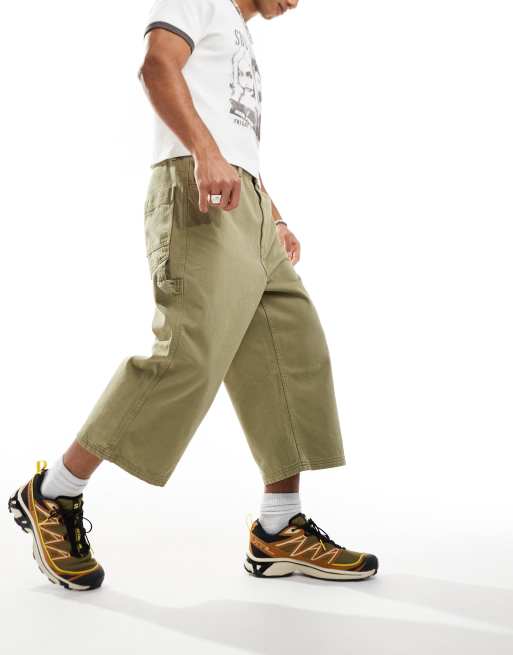 COLLUSION - Jorts corti stile skater da festival in denim color kaki slavato