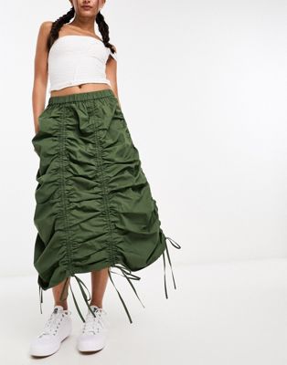 COLLUSION ruched cotton midi skirt in khaki - ASOS Price Checker