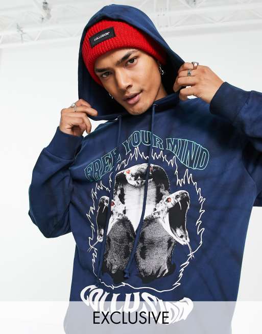 COLLUSION – Kapuzenpullover in Dunkelblau mit Schlangenprint und Batikmuster