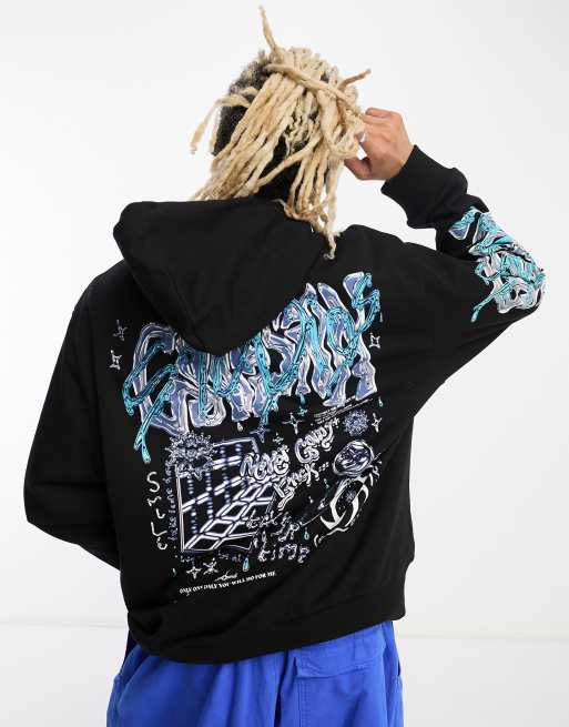 COLLUSION – Kapuzenpullover in Schwarz mit Rückenprint in Metallic-Optik 