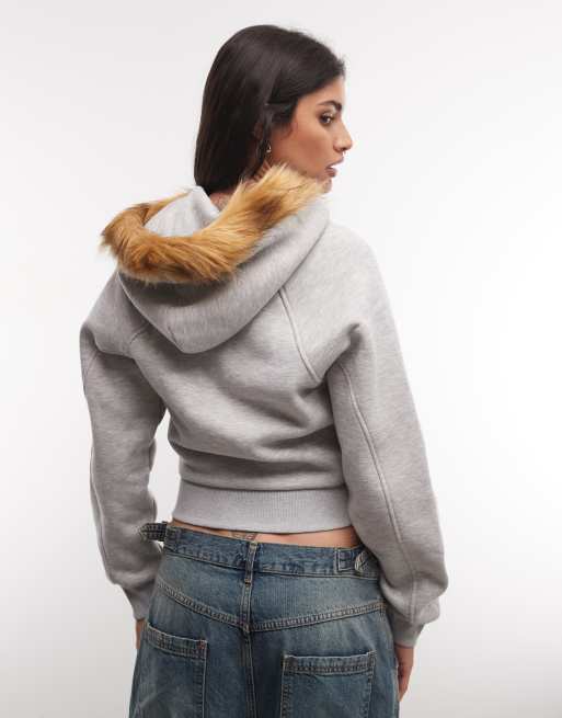 COLLUSION Kapuzenpullover mit faux-fur-Besatz und Reißverschluss in Grey Marl, 4 von 4