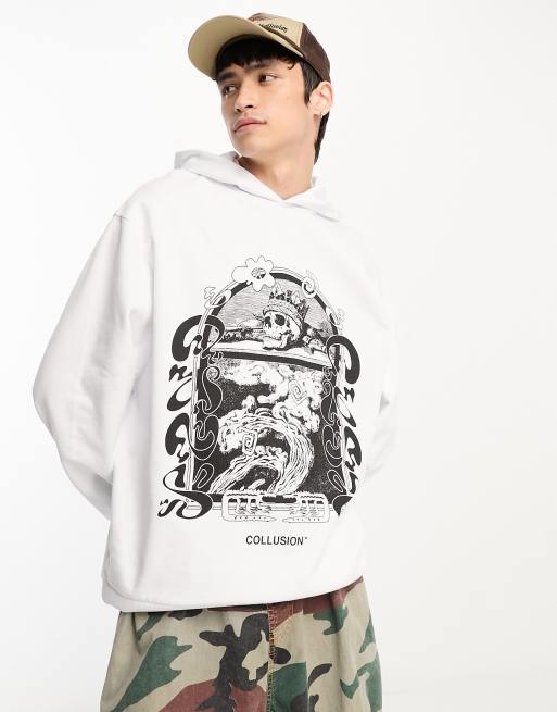 COLLUSION – Kapuzenpullover mit Grafikprint vorne in Weiß