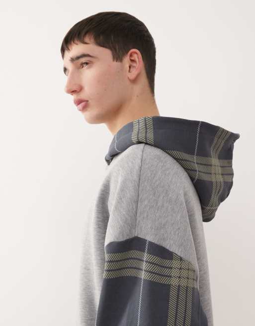 COLLUSION – Kastenförmiger Kapuzenpullover in Grau mit karierten Ärmeln im Bahnendesign, 4 von 5