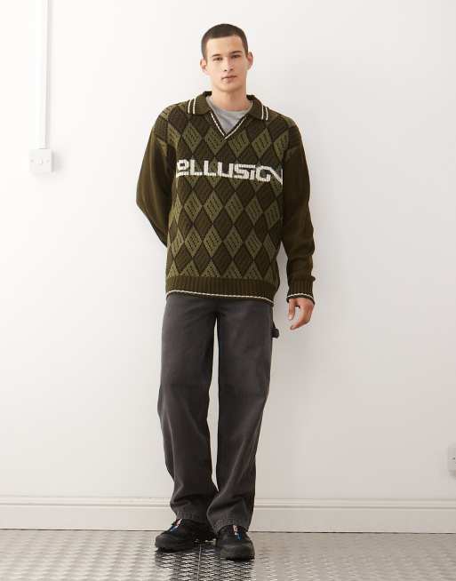 COLLUSION – Kastiger Strickpullover in Grün mit Argyle-Rautenmuster, 2 von 5