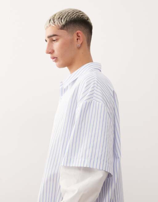 COLLUSION – Kastiges, doppellagiges Oversize-Hemd in blau gestreift, 4 von 5