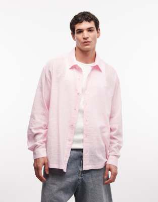 Kastiges, langärmliges Oversize-Shirt in Rosa mit strukturiertem Karomuster Rosa 3XL